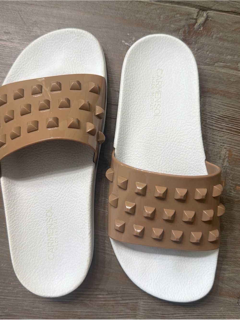 Carmen Sol Tan Studded Slide Sandals with White Footbed